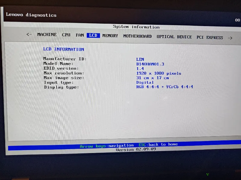 Lenovo Diagnostics showing the LVDS-eDP adapter board